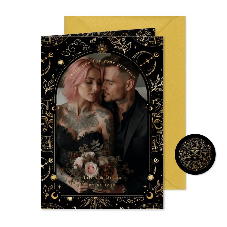 Dankeskarte Hochzeit Tattoo Astrologie mit Foto - Kartenvorschau