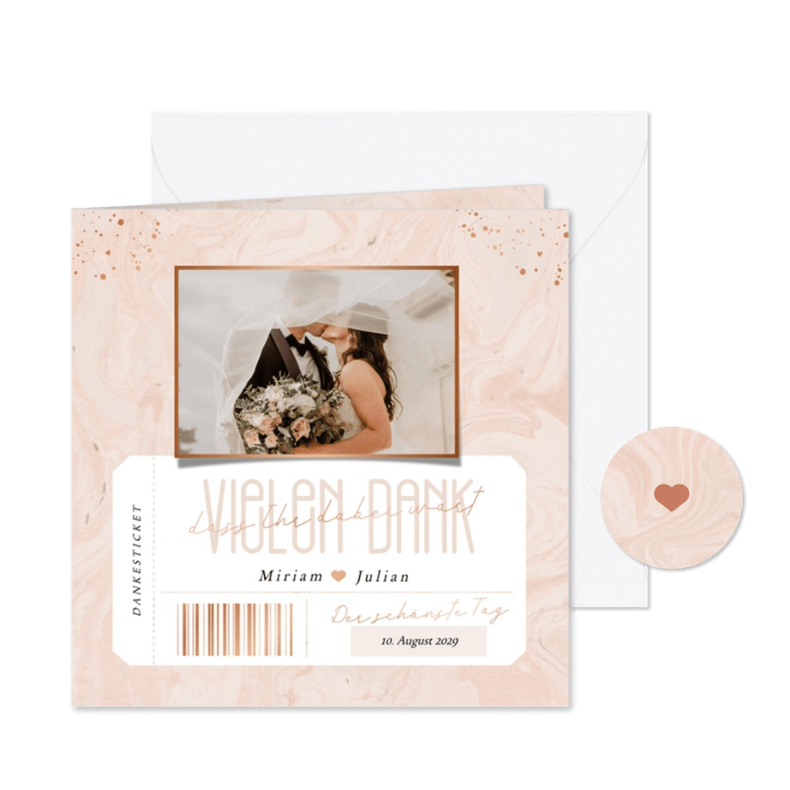 Dankeskarte Hochzeit Ticketformat Marmor-Optik - Karteneindruck