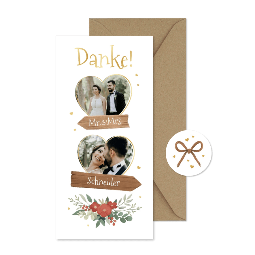 Dankeskarte Hochzeit Tracht, Herzfotos & Holzschilder - Kartenvorschau