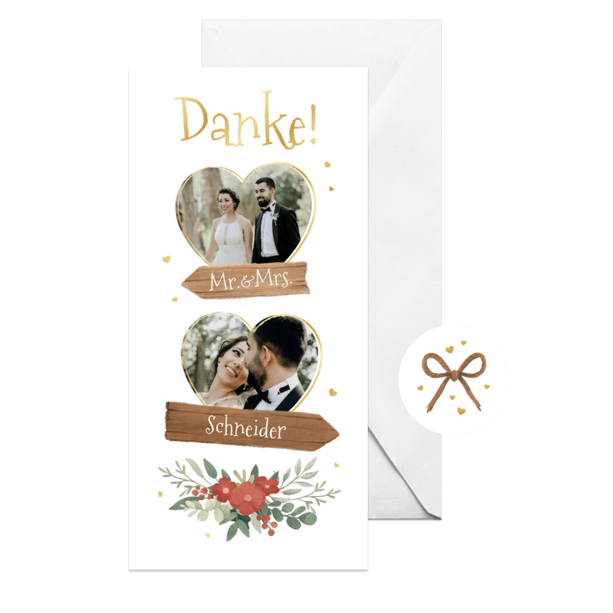 Dankeskarte Hochzeit Tracht, Herzfotos & Holzschilder - Karteneindruck
