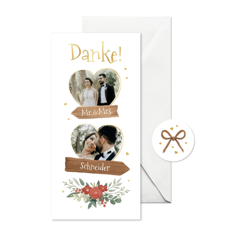 Dankeskarte Hochzeit Tracht, Herzfotos & Holzschilder - Karteneindruck
