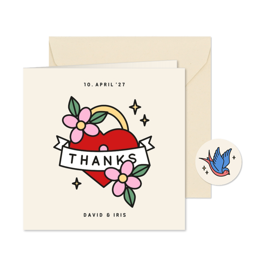 Dankeskarte Hochzeit Vintage Tattoos - Karteneindruck
