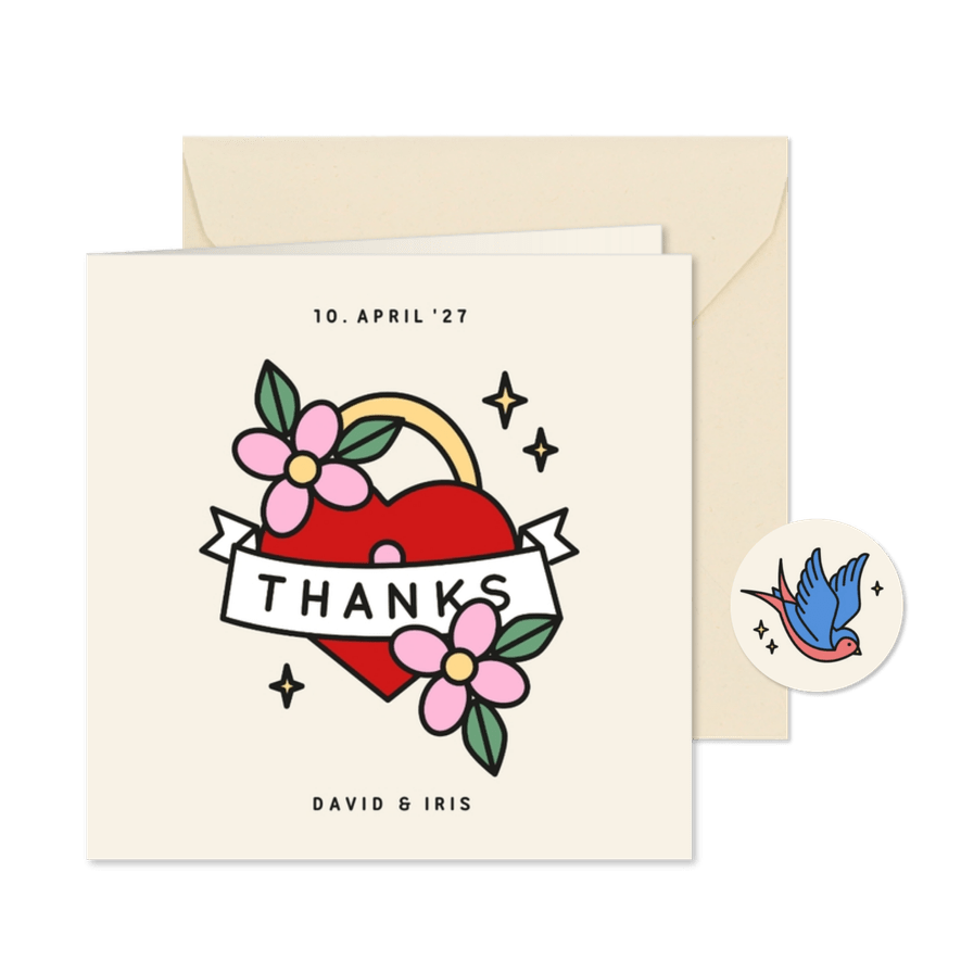 Dankeskarte Hochzeit Vintage Tattoos - Karteneindruck