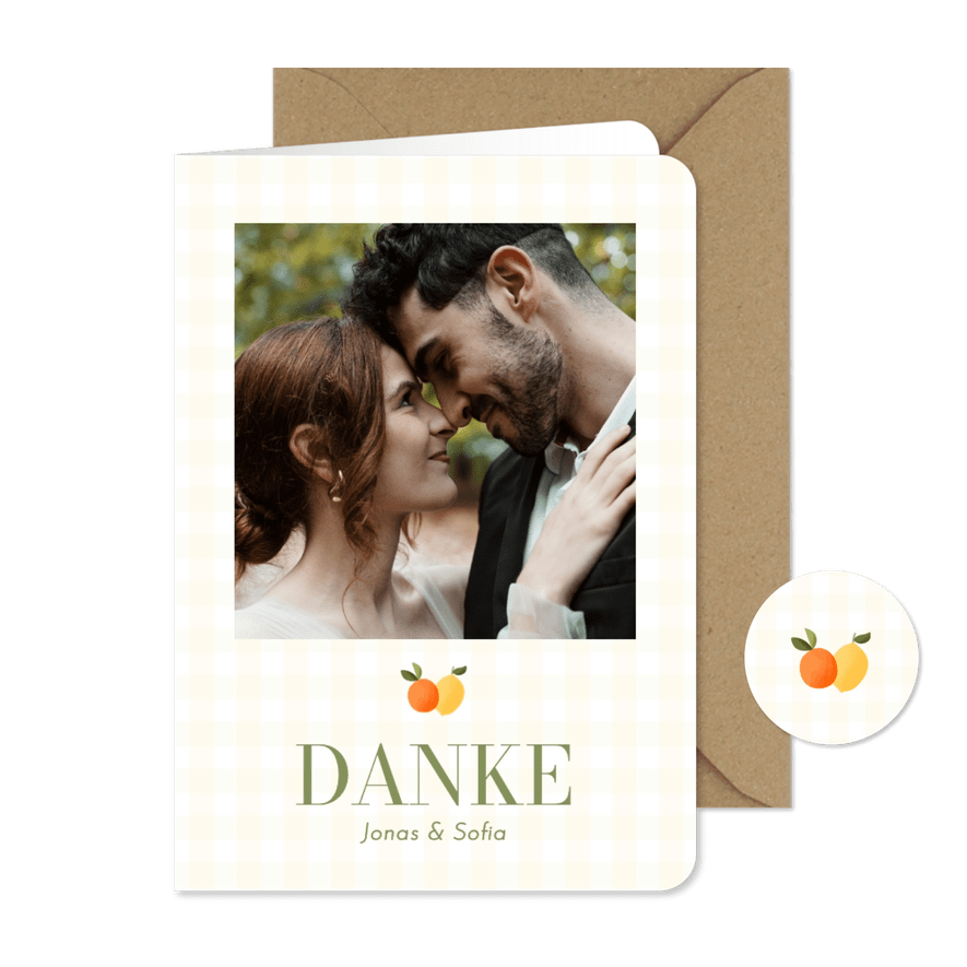 Dankeskarte Hochzeitsfeier Foto, Mandarine & Zitrone - Karteneindruck