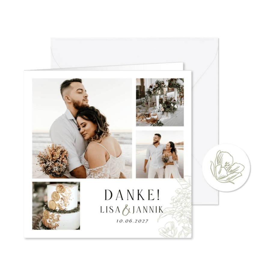 Dankeskarte Hochzeitsfeier Fotocollage Blumendekor - Karteneindruck