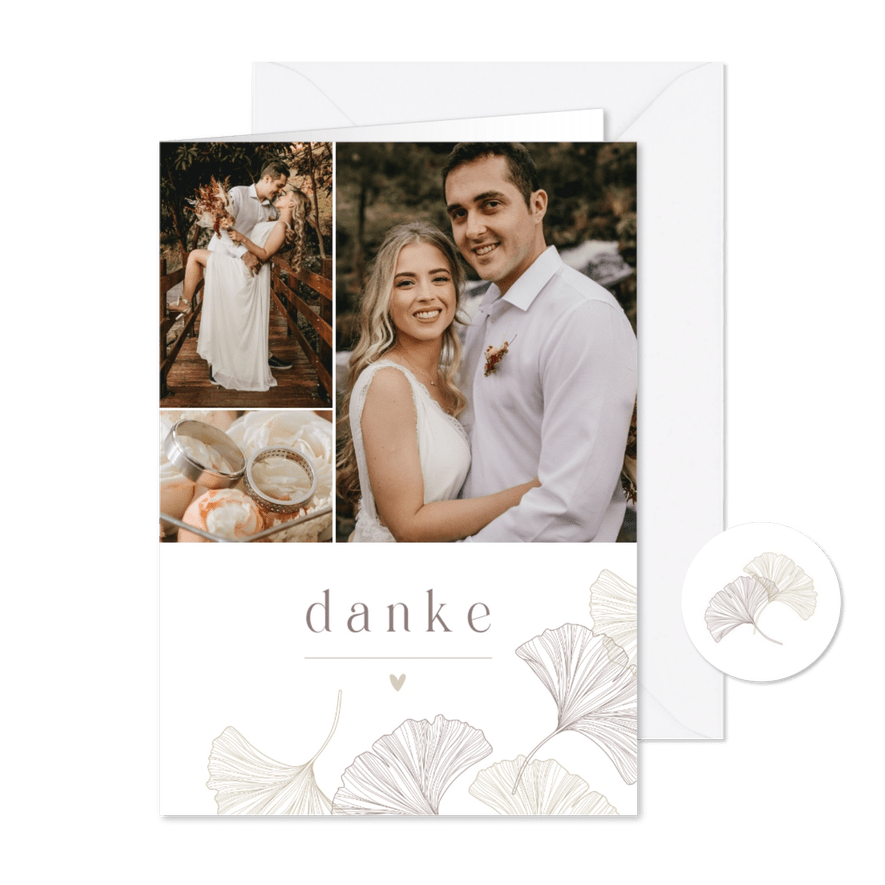 Dankeskarte Hochzeitsfotos Ginkgo pur & natürlich - Karteneindruck