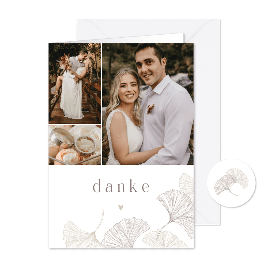Dankeskarte Hochzeitsfotos Ginkgo pur & natürlich - Kartenvorschau