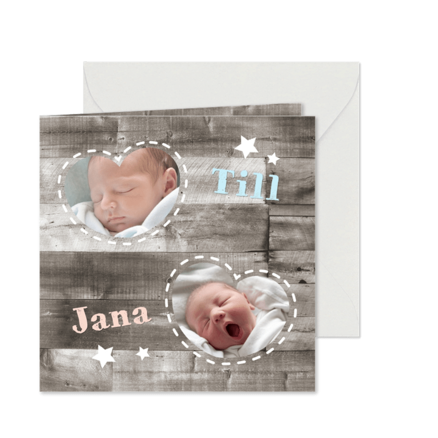 Dankeskarte Holzlook & Fotos Geburt Zwilling - Karteneindruck