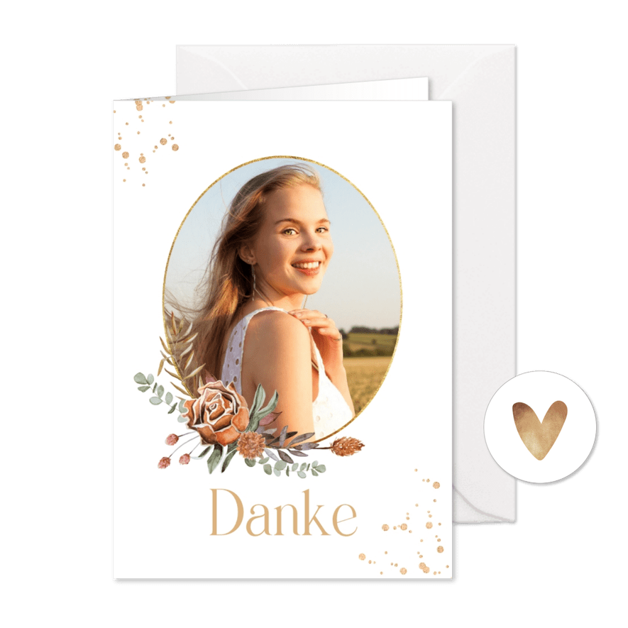 Dankeskarte Jugendfeier Foto & Blumenonrament - Karteneindruck
