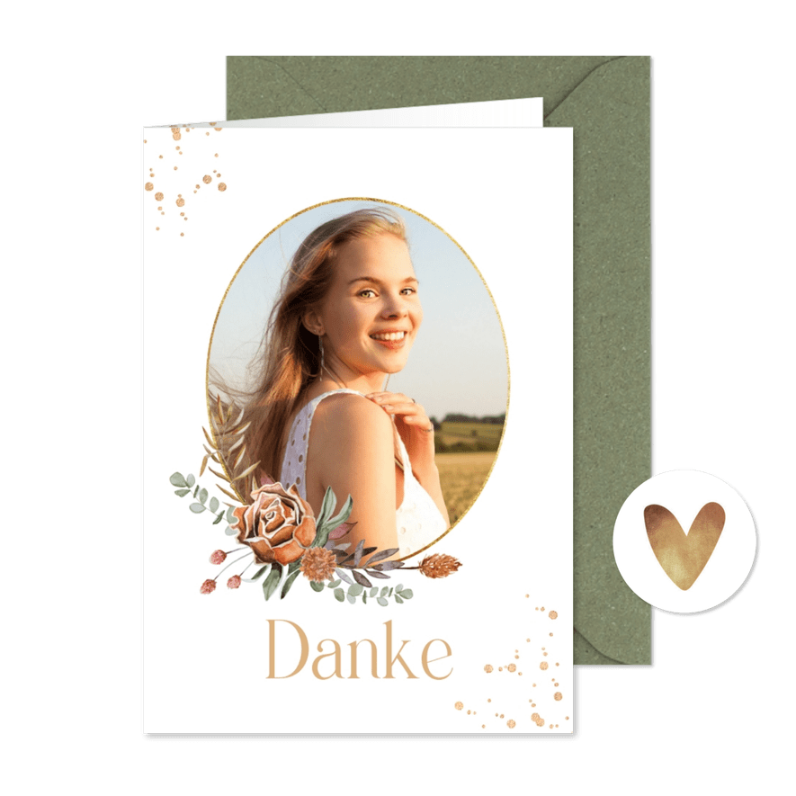 Dankeskarte Jugendfeier Foto & Blumenonrament - Karteneindruck
