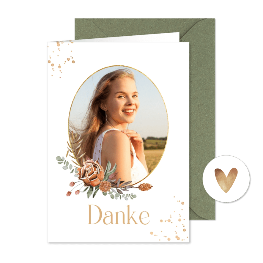Dankeskarte Jugendfeier Foto & Blumenonrament - Karteneindruck