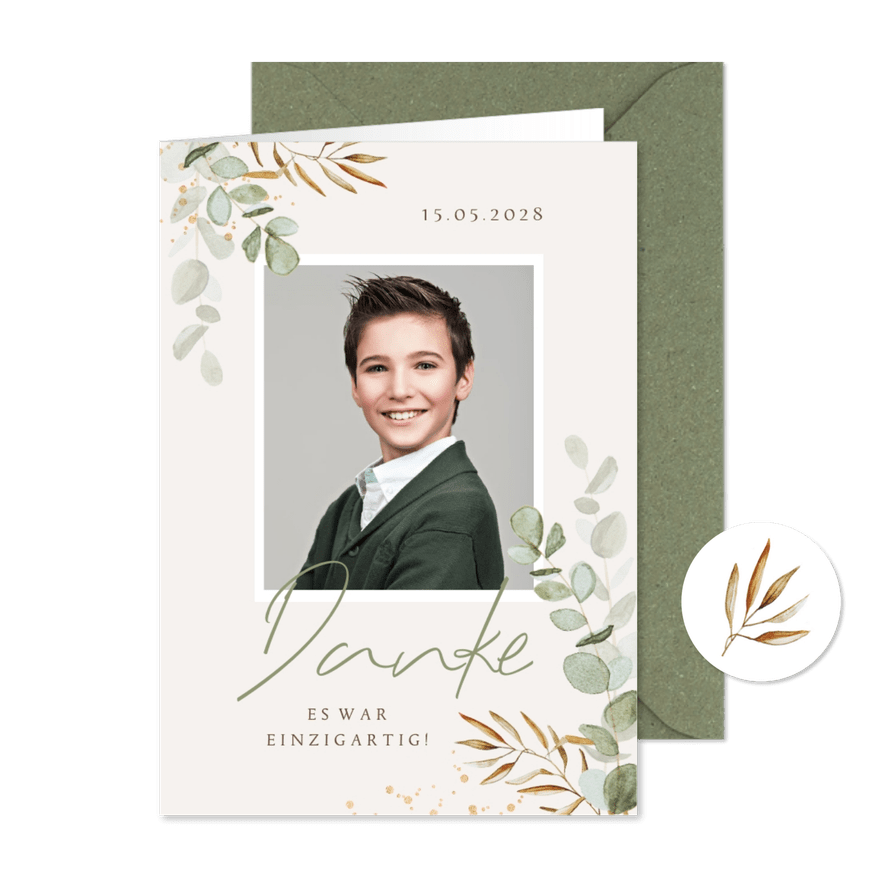 Dankeskarte Jugendfeier Foto und Eukalyptuszweige - Karteneindruck