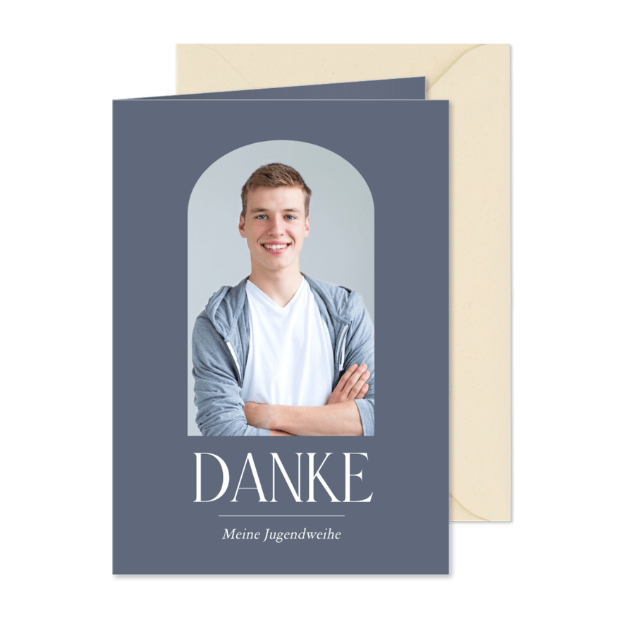 Dankeskarte Jugendweihe blau Foto in Bogenfenster - Kartenvorschau
