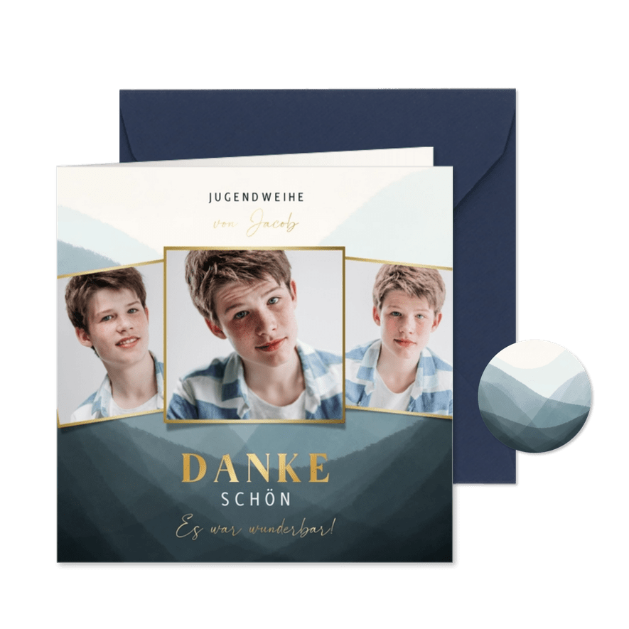 Dankeskarte Jugendweihe blau, Fotos & Gold - Karteneindruck