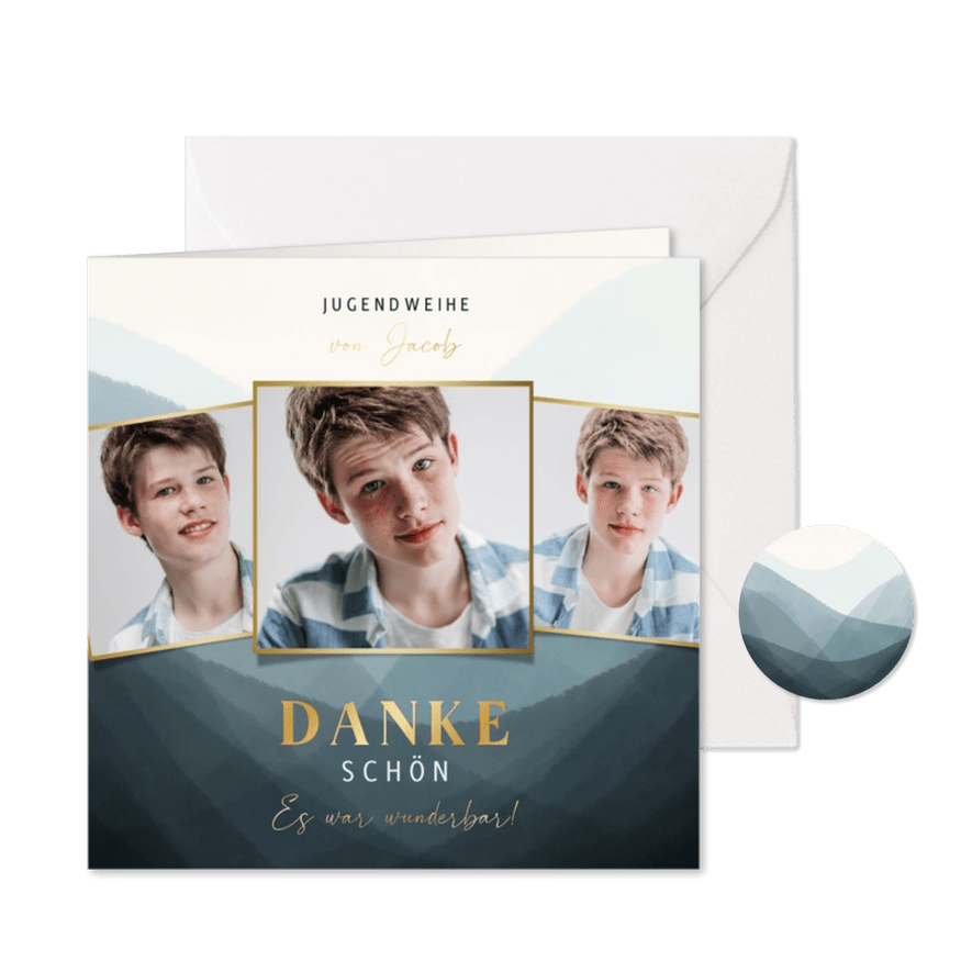 Dankeskarte Jugendweihe blau, Fotos & Gold - Karteneindruck
