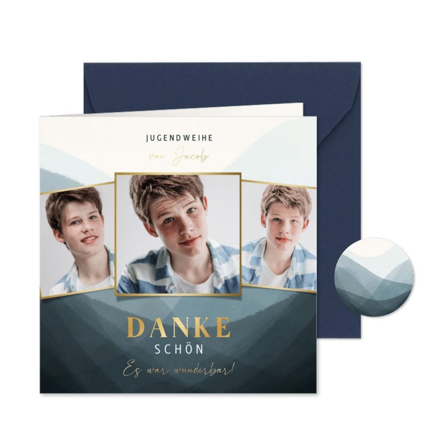 Dankeskarte Jugendweihe blau, Fotos & Gold - Karteneindruck
