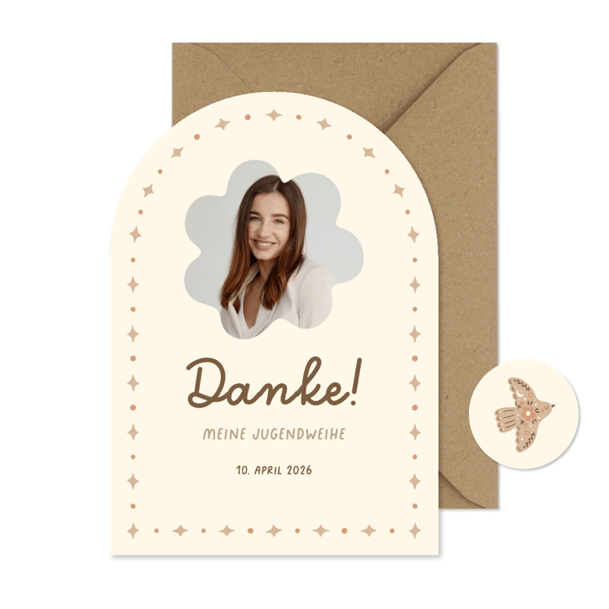 Dankeskarte Jugendweihe Bogenform Foto mit Ornamenten - Karteneindruck
