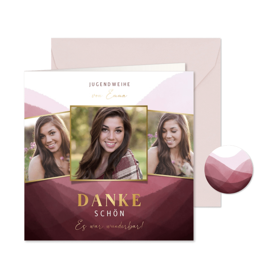 Dankeskarte Jugendweihe dunkelrot, Fotos & Gold - Karteneindruck