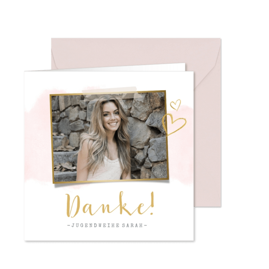 Dankeskarte Jugendweihe Foto & rosa Wasserfarbe - Karteneindruck