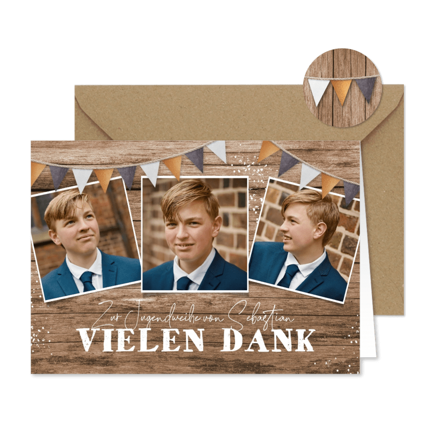 Dankeskarte Jugendweihe Fotocollage auf Holz - Karteneindruck
