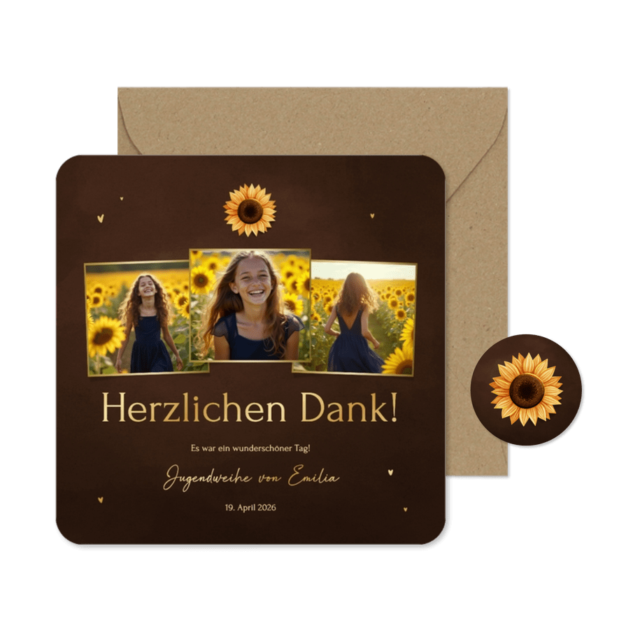 Dankeskarte Jugendweihe Fotocollage Sonnenblume braun  - Kartenvorschau
