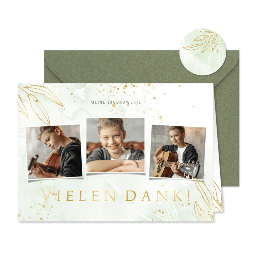 Dankeskarte Jugendweihe Fotos, grünes Aquarell & Gold - Karteneindruck
