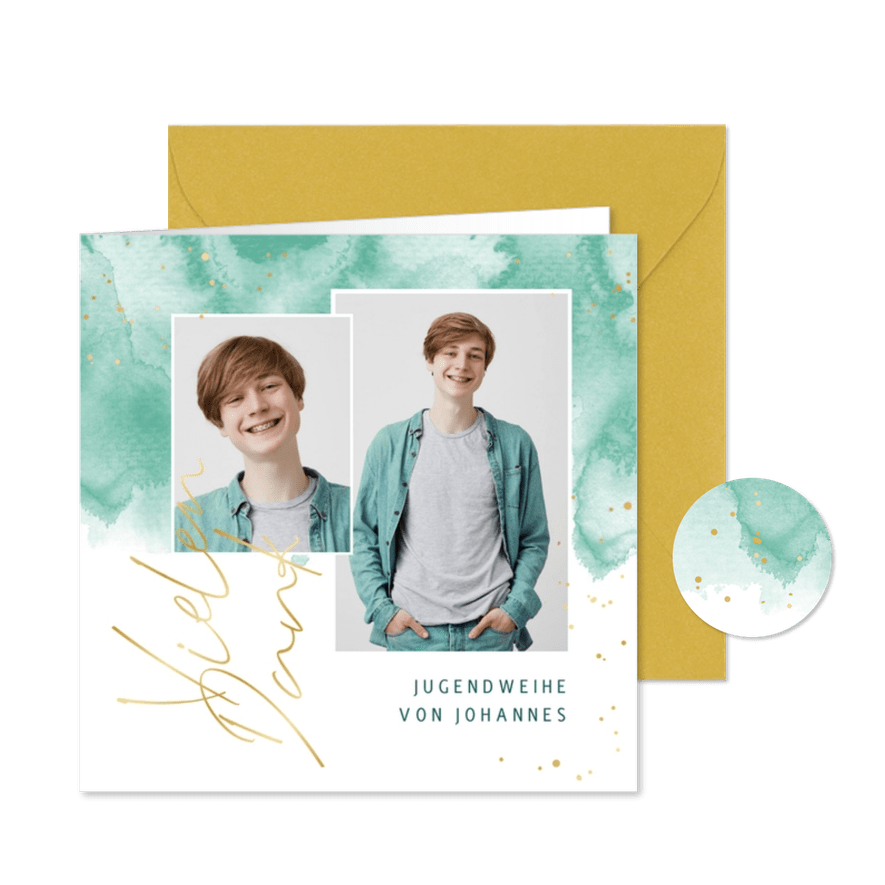 Dankeskarte Jugendweihe mintgrünes Aquarell & Fotos - Kartenvorschau