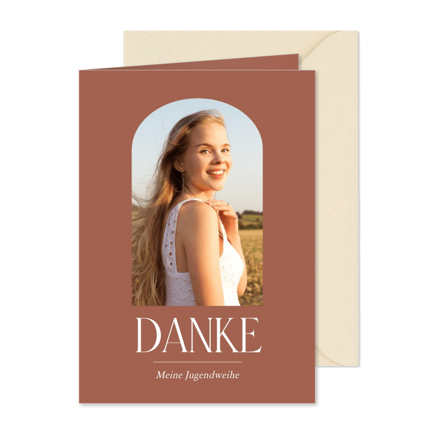 Dankeskarte Jugendweihe rotbraun Foto in Bogenfenster - Karteneindruck