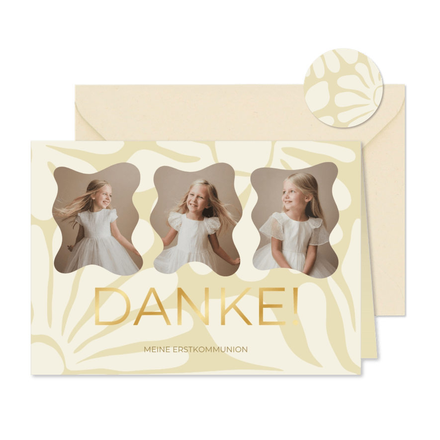 Dankeskarte Kommunion abstrakte Blumen und Fotos - Kartenvorschau