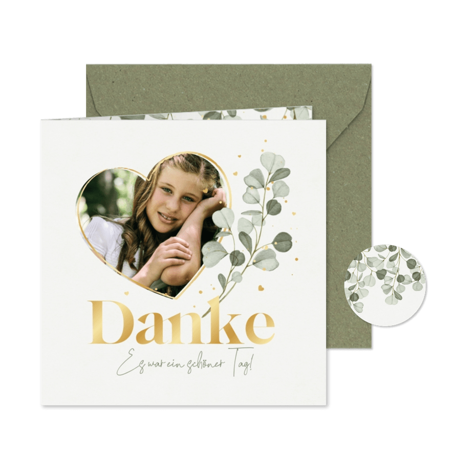 Dankeskarte Kommunion Herzfoto, Eukalyptus & Golddruck - Karteneindruck