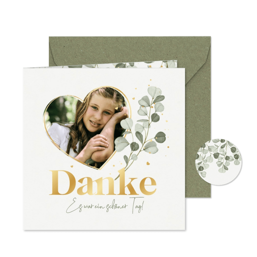 Dankeskarte Kommunion Herzfoto, Eukalyptus & Golddruck - Kartenvorschau