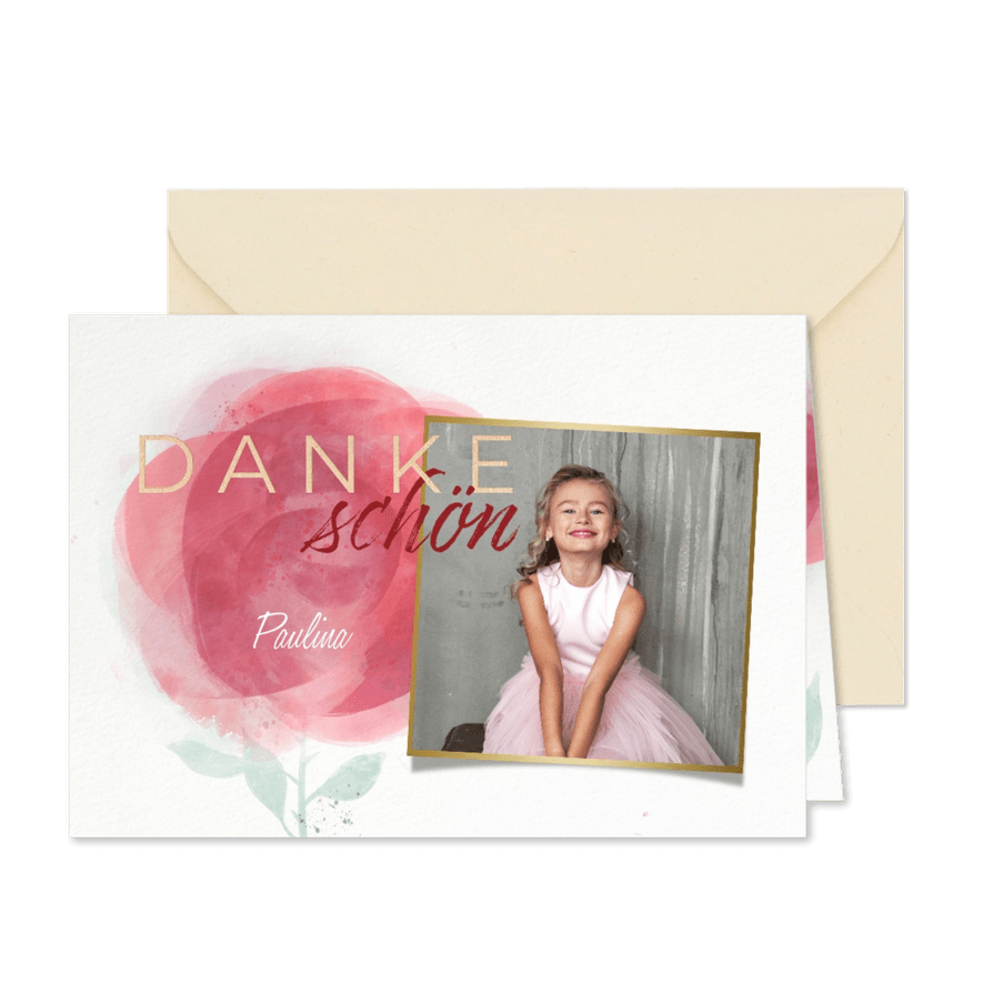 Dankeskarte Kommunion mit Rosenmotiv & Foto - Karteneindruck
