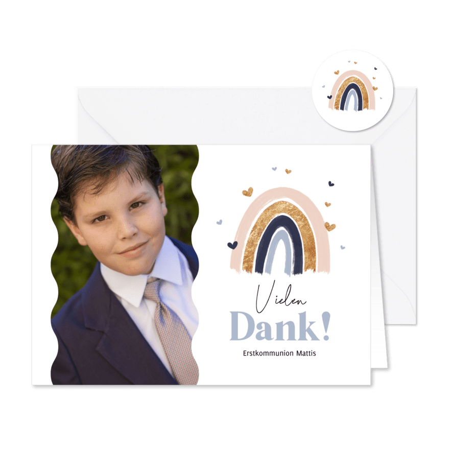Dankeskarte Kommunion Regenbogen blau & Foto - Karteneindruck

