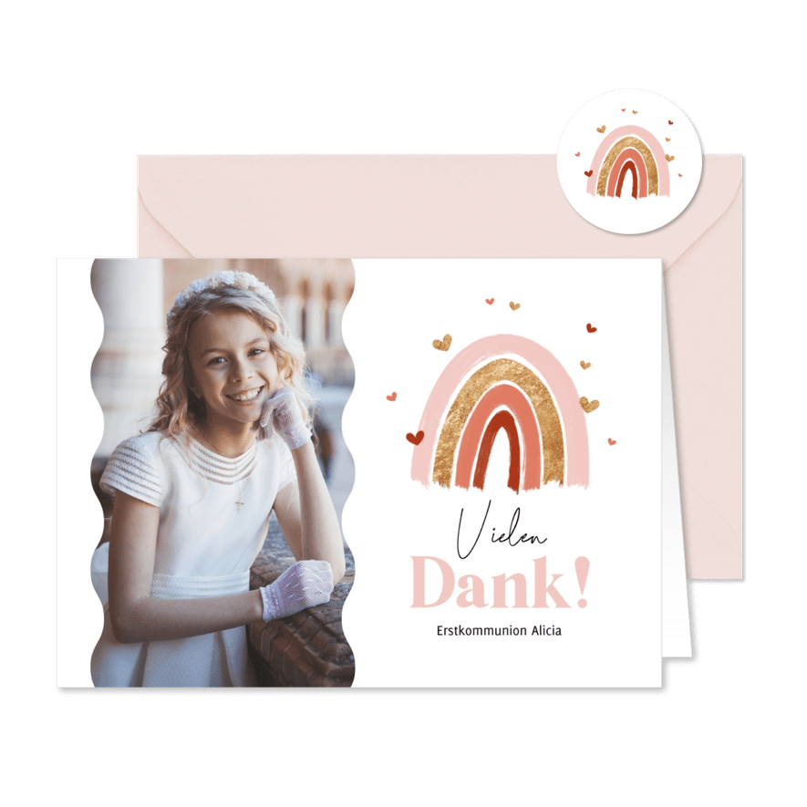 Dankeskarte Kommunion Regenbogen rosa & Foto - Kartenvorschau