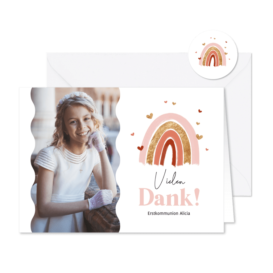 Dankeskarte Kommunion Regenbogen rosa & Foto - Karteneindruck