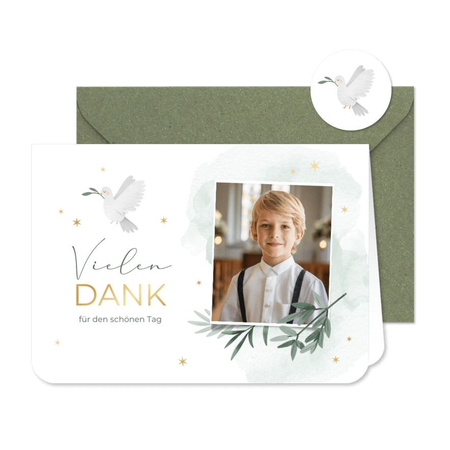 Dankeskarte Kommunion Taube, Zweig und Foto - Karteneindruck
