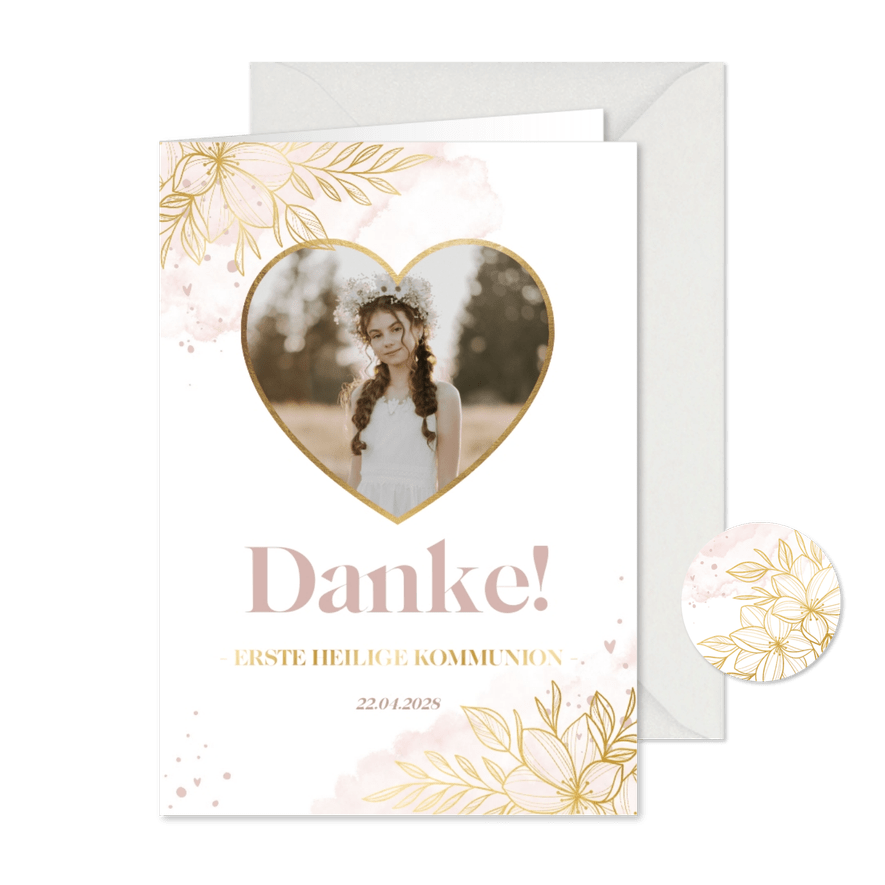 Dankeskarte Kommunion Wasserfarben Blumen & Herz Foto - Karteneindruck