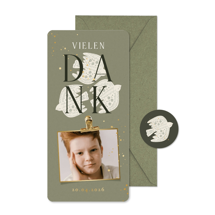 Dankeskarte Kommunionsfeier Foto & drei Tauben - Karteneindruck
