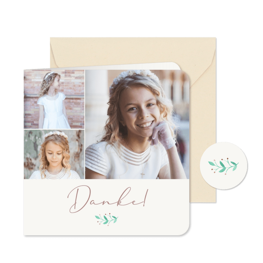 Dankeskarte Kommunionsfeier Fotocollage mit Zweig - Karteneindruck