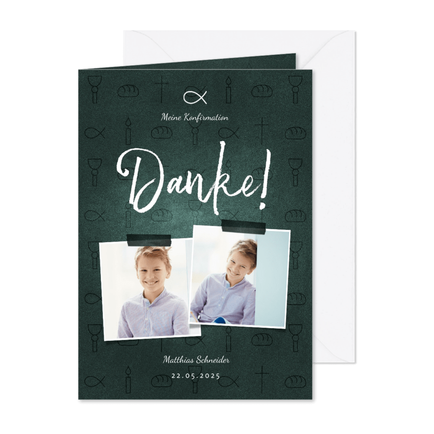Dankeskarte Konfirmation dunkelgrün Fotos & kleine Symbole - Karteneindruck