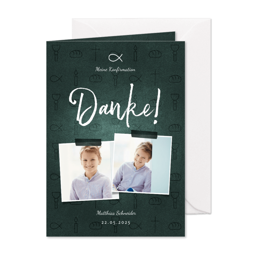 Dankeskarte Konfirmation dunkelgrün Fotos & kleine Symbole - Karteneindruck
