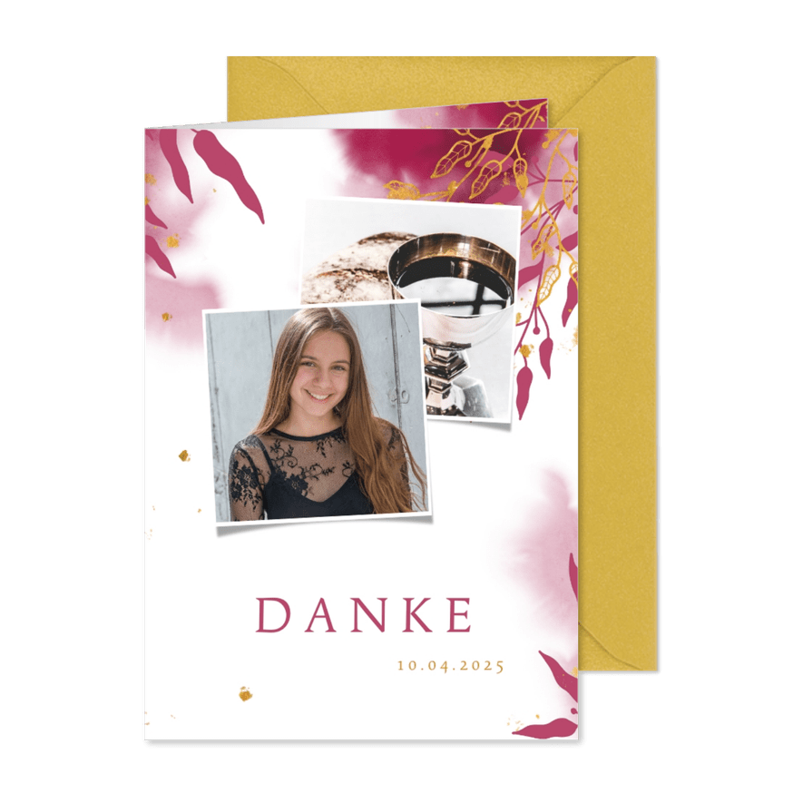 Dankeskarte Konfirmation Fotos botanisch pink - Karteneindruck
