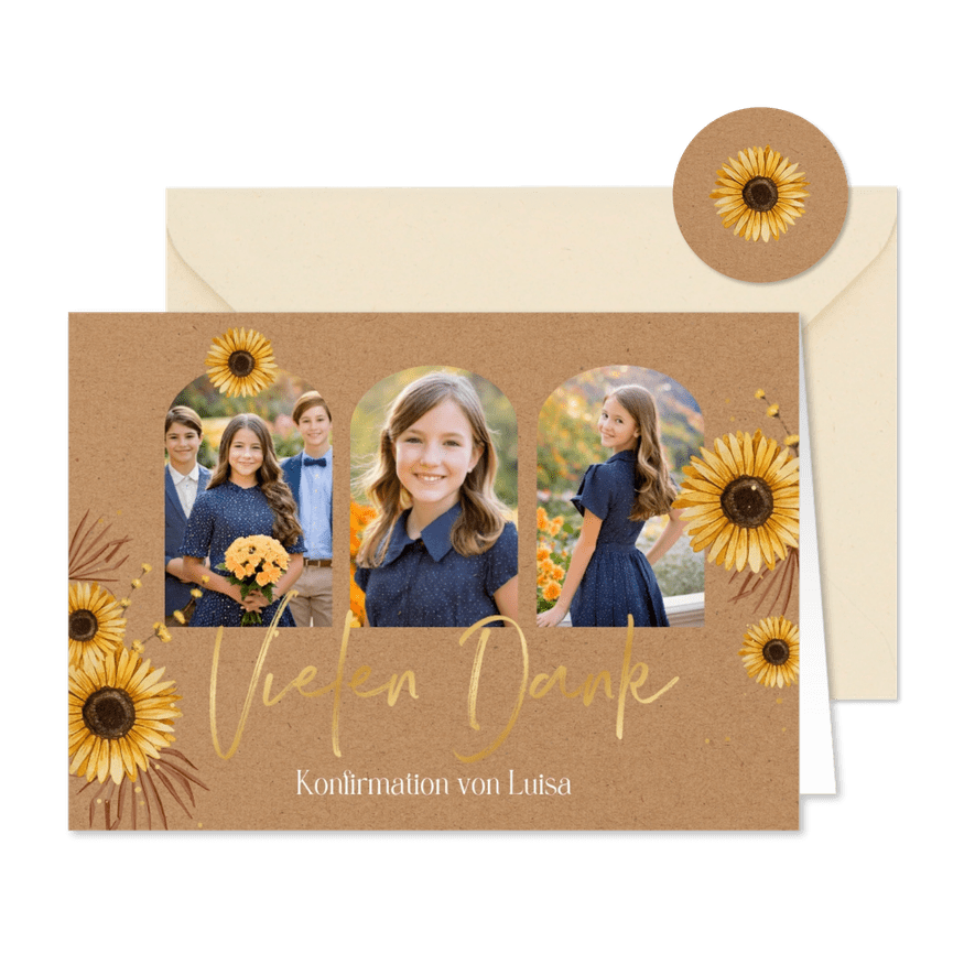 Dankeskarte Konfirmation Fotos und Sonnenblumen - Karteneindruck