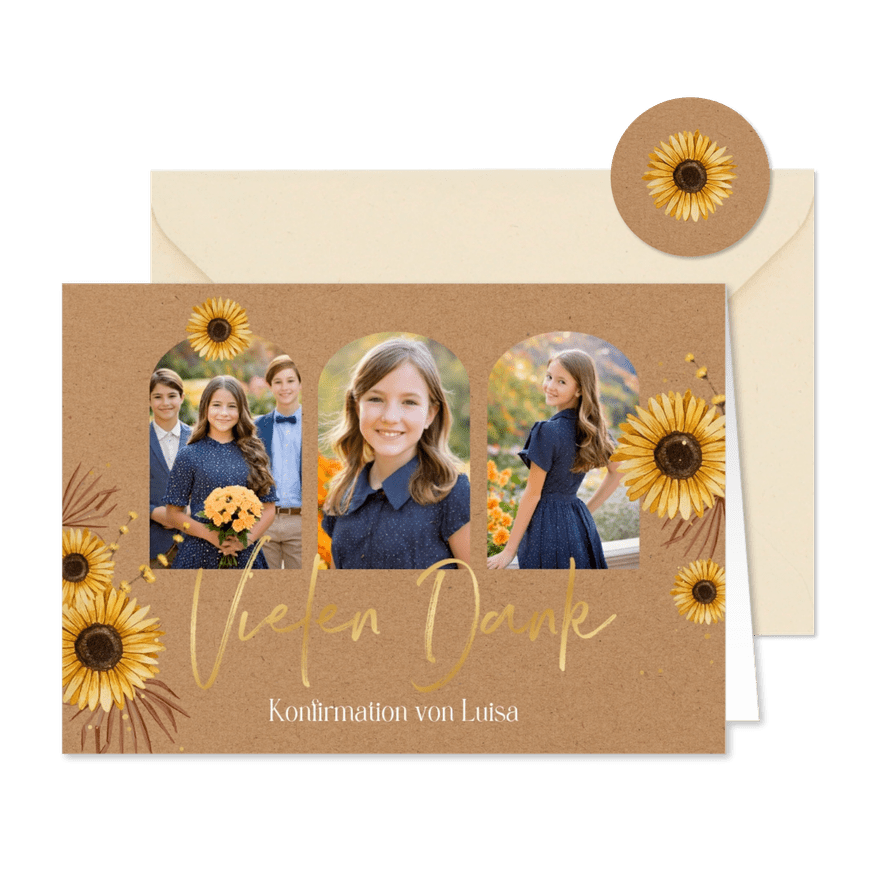 Dankeskarte Konfirmation Fotos und Sonnenblumen - Karteneindruck