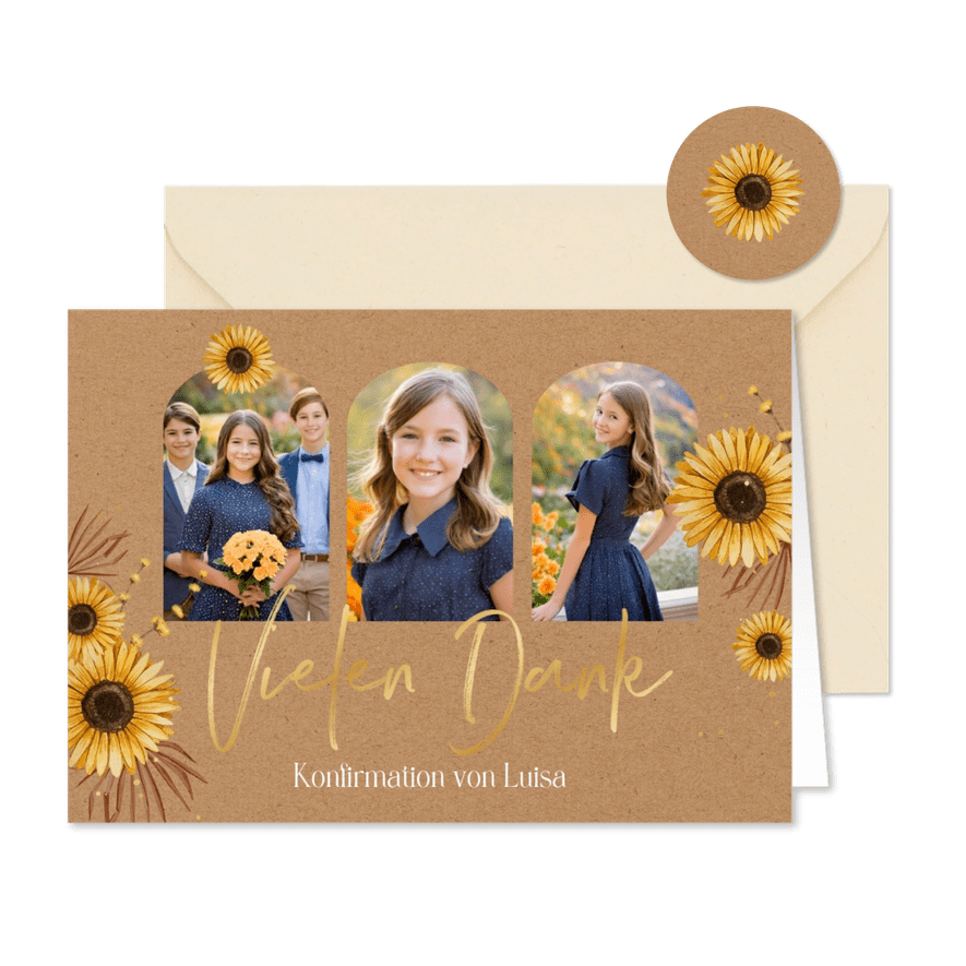 Dankeskarte Konfirmation Fotos und Sonnenblumen - Kartenvorschau