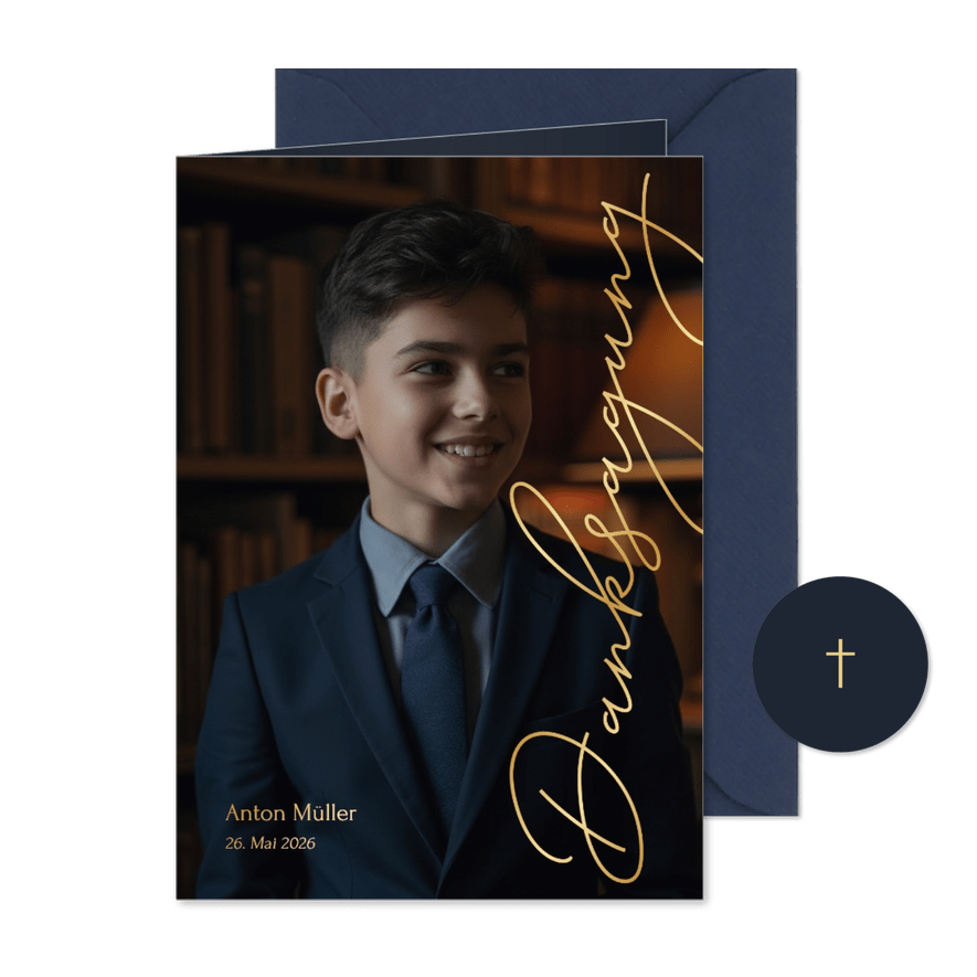 Dankeskarte Konfirmation großes Foto goldener Schriftzug - Karteneindruck
