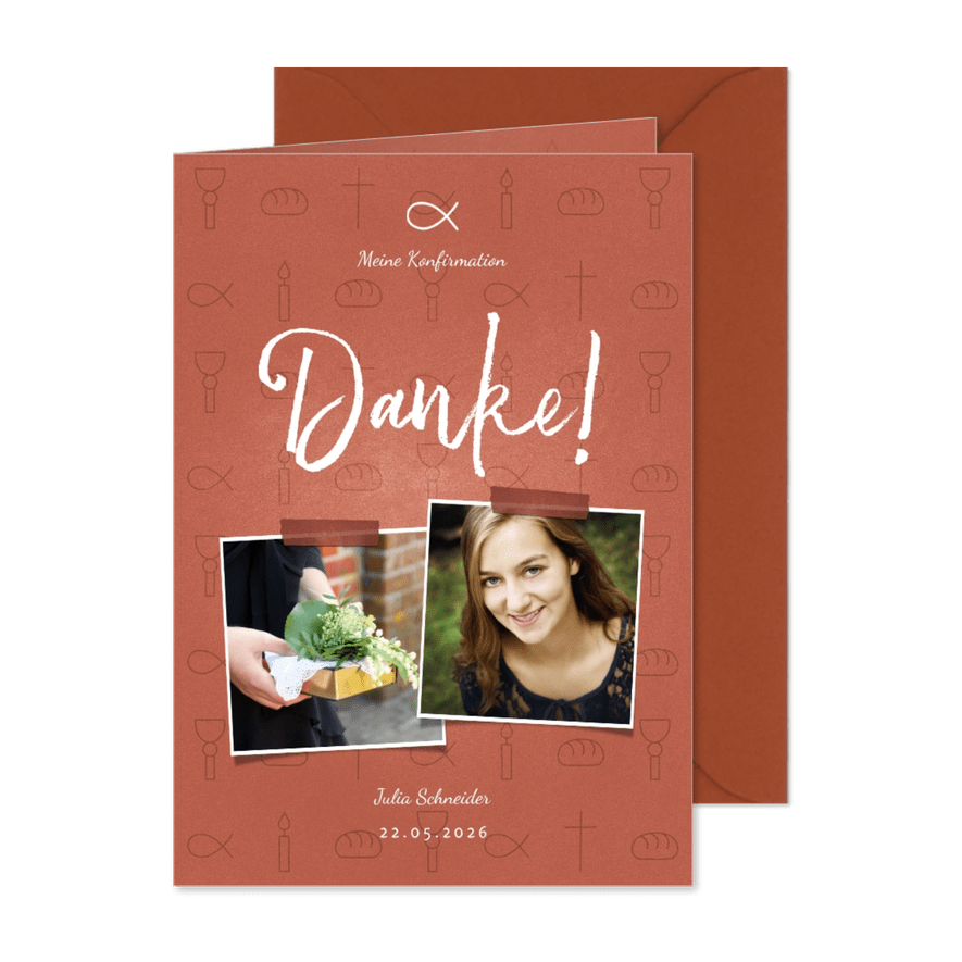 Dankeskarte Konfirmation rostrot Fotos & kleine Symbole - Karteneindruck
