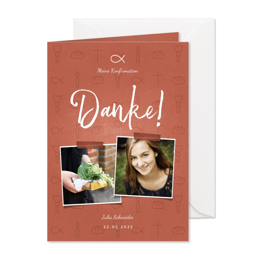 Dankeskarte Konfirmation rostrot Fotos & kleine Symbole - Karteneindruck
