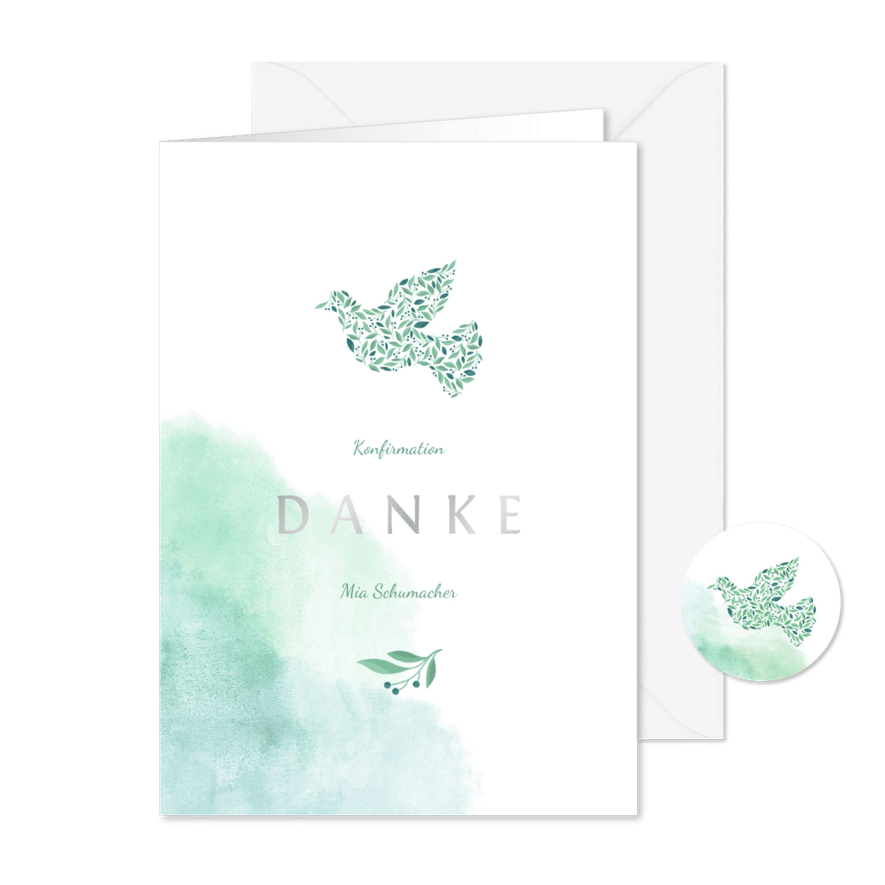Dankeskarte Konfirmation Taube und Wasserfarbe Foto innen - Karteneindruck