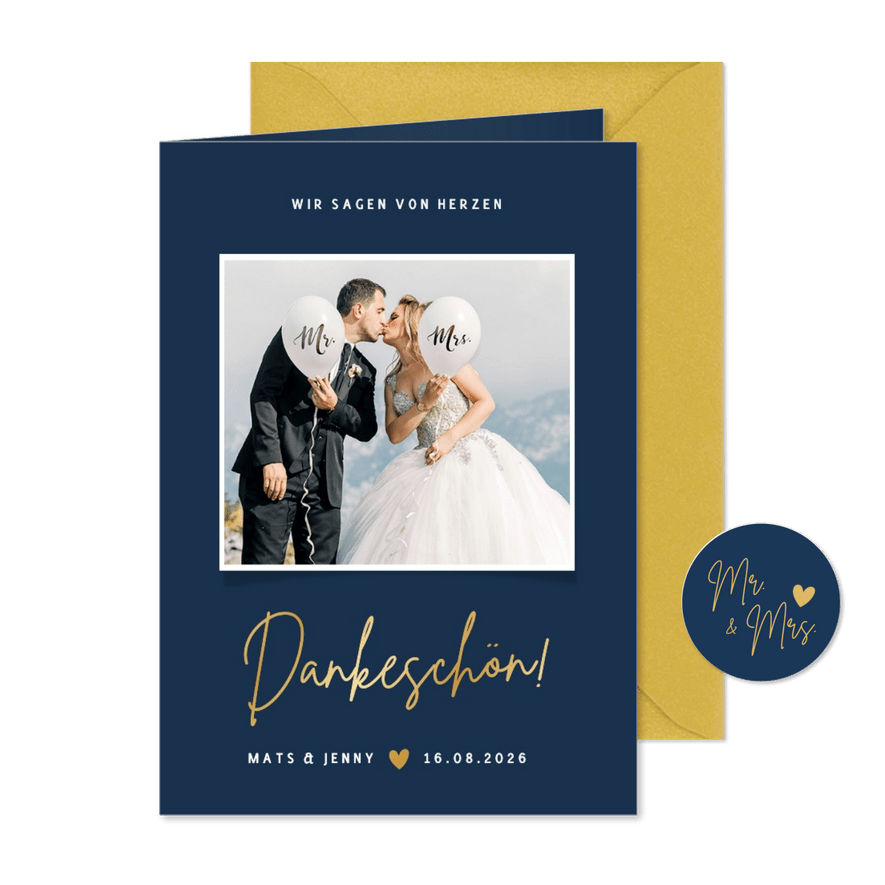 Dankeskarte mit Foto Hochzeit klassisch Dunkelblau - Karteneindruck
